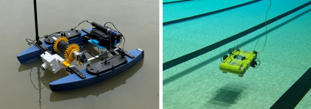 (Left) Autonomous surface vehicle. (Right) Autonomous underwater vehicle.