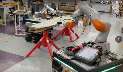 Two mobile manipulators work together to perform operations such as grinding and finishing on large-scale parts that cannot be easily manufactured with stationary (grounded) robotic systems.
