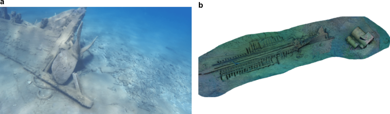 (a) Photograph of an underwater wreck that we surveyed to build a three-dimensional map; (b) reconstructed 3D map developed by our team.