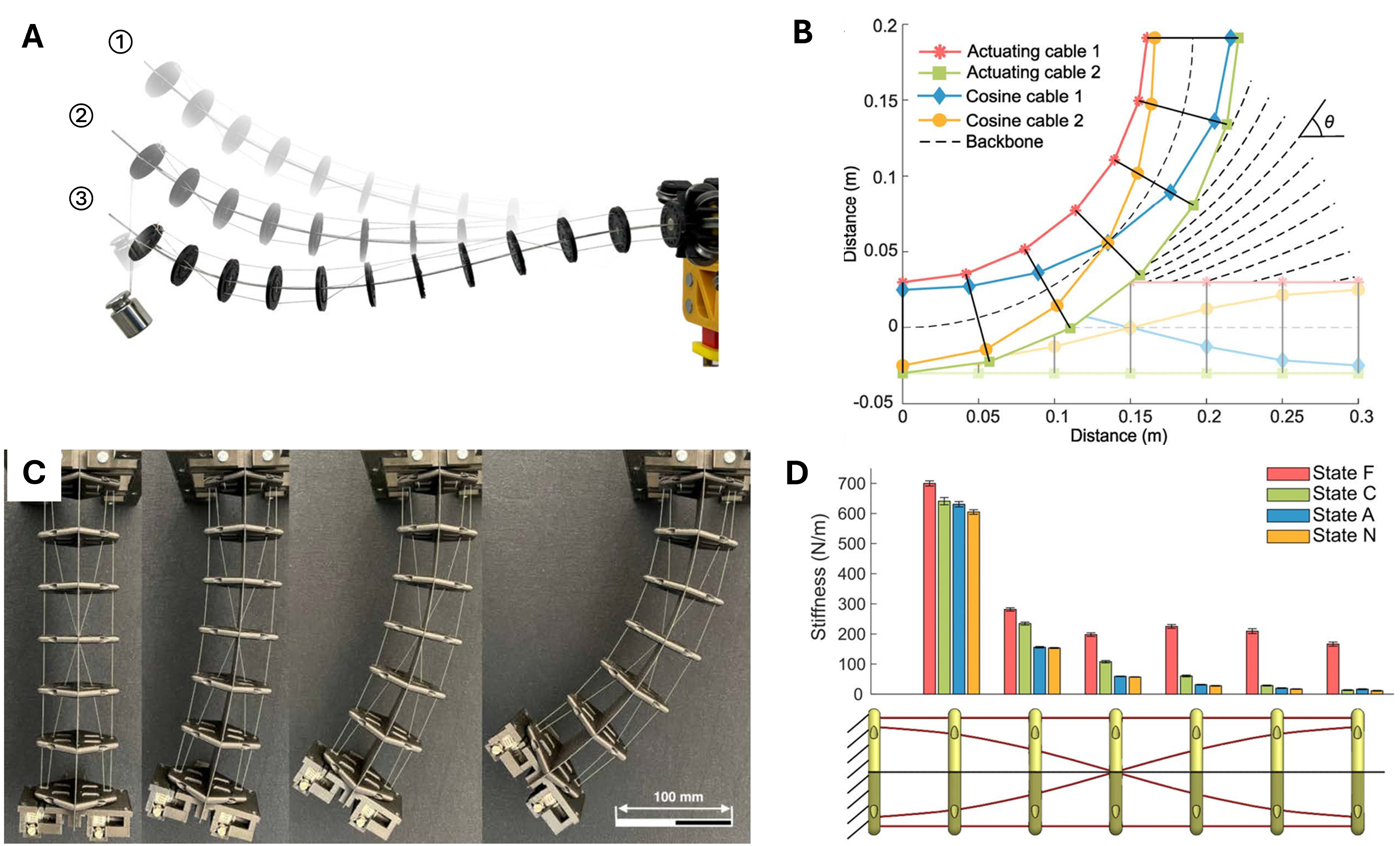 A. Tendon-driven continuum robot bending under an applied dead load. B. We developed methods of routing additional cables that allow for freedom of movement but stiffen against external loads. C. Experimental testing of the freedom of movement. D. Measured stiffness, where state F includes all tendons/cables and state A includes only the straight-routed actuating cables.
